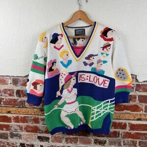 Vintage Berek Sweater Sz Small Multicolor Pima Cotton Tennis Match Hand Knit 80s